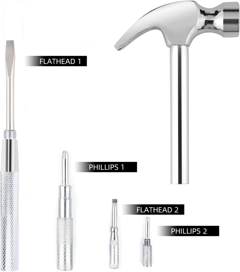 Kinobo Mini Metal Hammer 6 in 1 with Slotted/Flat Head Phillips Screwdriver Claw Hammer Manual, Portable Multifunction Tool Hammer (Silver) - Image 3